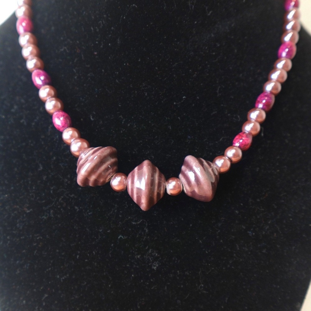 Vintage Pink & Purple Choker Necklace Metallic Chunky Beads Jewelry Silver Hook
